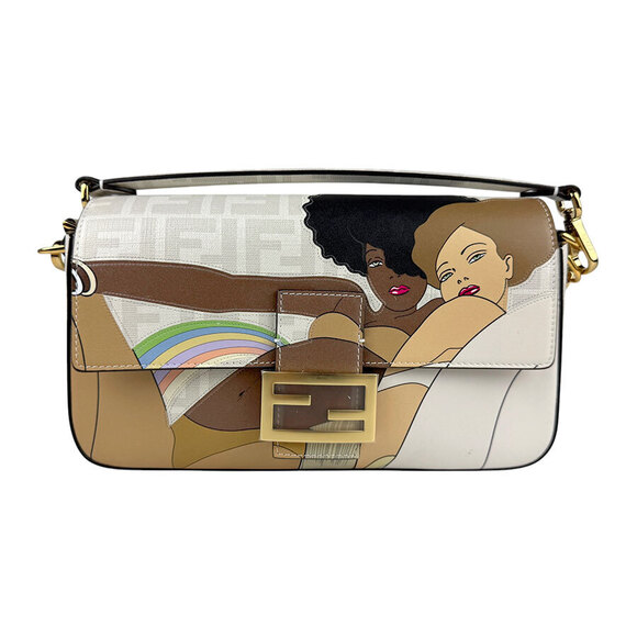 Fendi Handbags - Fendi Zucca Baguette Leather Shoulder Bag White Multicolor